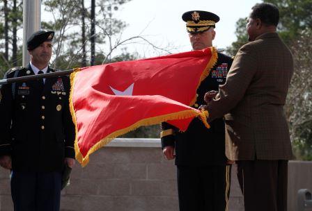 Unfurling of a general officer flag during the a general's promotion ceremony.